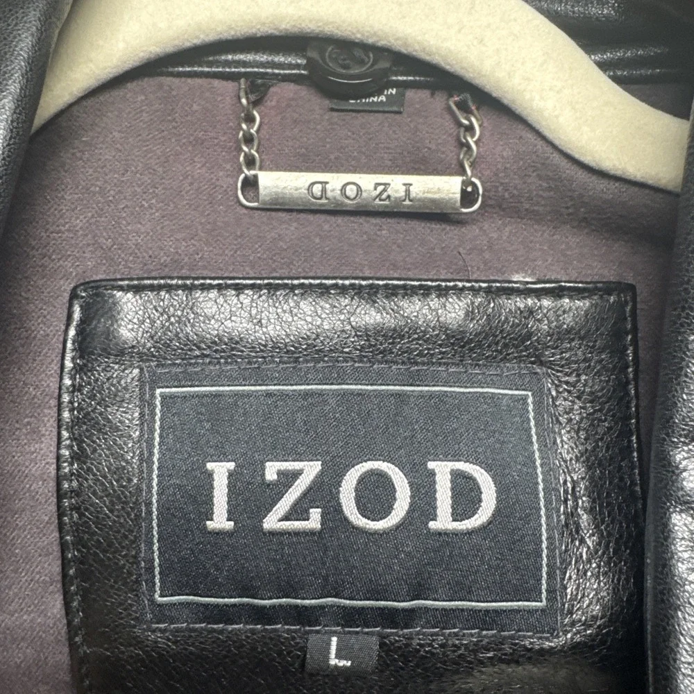 Izod Black Leather Jacket Men's Large Classic Bomber Moto Core‎ Style